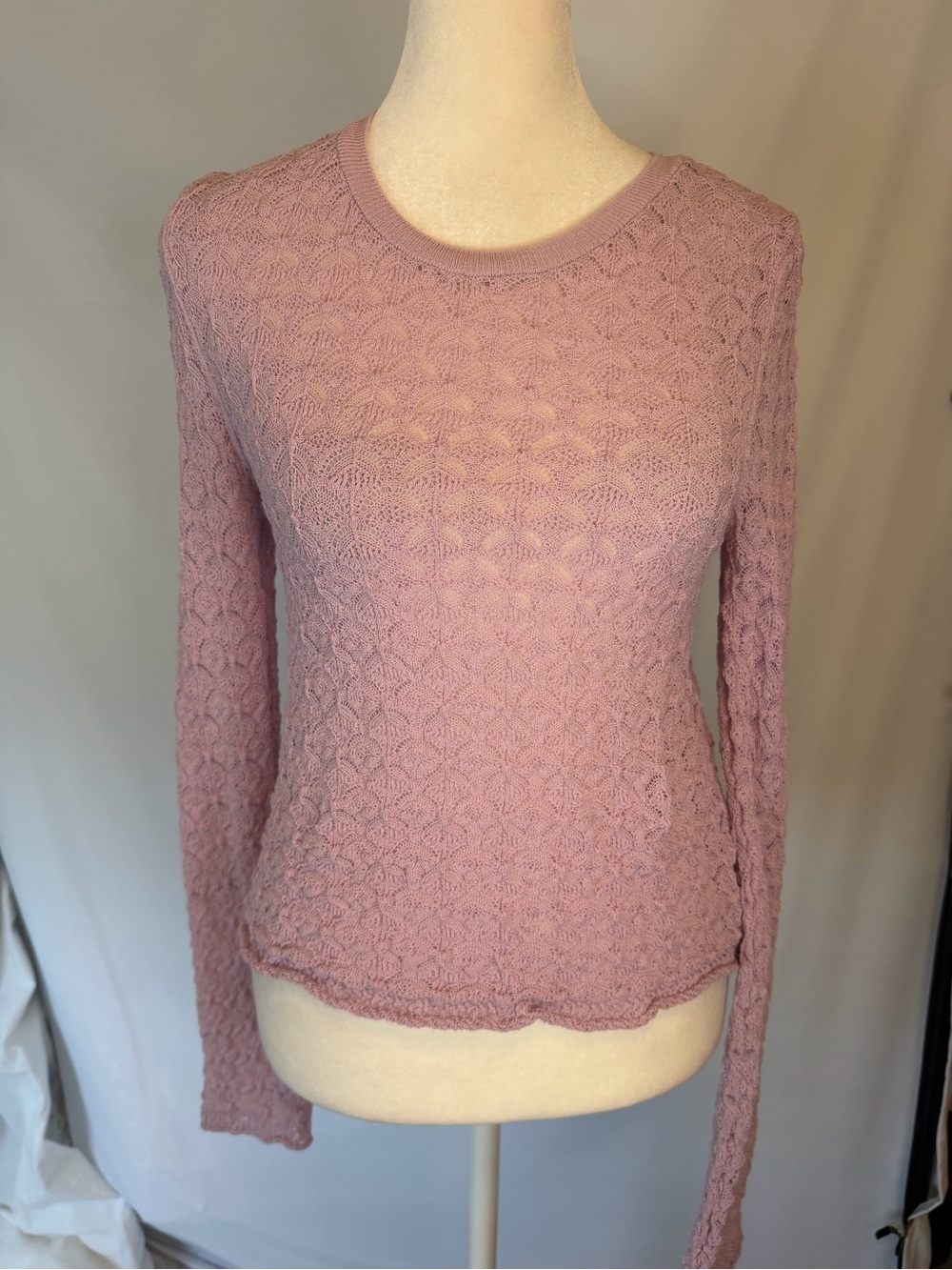 Women's Lace Stretchy Knit Long-Sleeve Crop Length Top - Dusty Rose